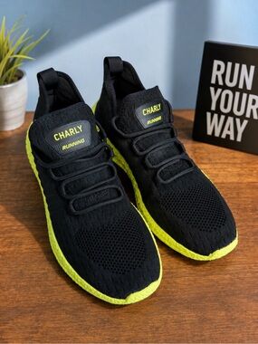 Charly Running Shoes Men’s 10 Black Neon Yellow Knit Sneakers NWT